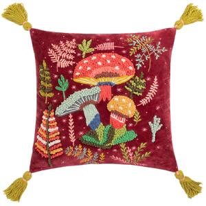 Magic Mushrooms Embroidered 45cm x 45cm Filled Cushion Ruby Red