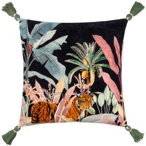Midnight Jungle Velvet Tasselled 50cm x 50cm Filled Cushion Noir