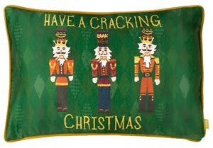 Furn Nutcracker Cracking Christmas Piped Velvet 30cm x 50cm Filled Cushion Green