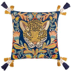 Regal Leopard Embroidered Velvet 50cm x 50cm Filled Cushion Royal Blue