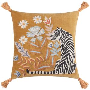 White Tiger Embroidered Tasselled 50cm x 50cm Filled Cushion Gold