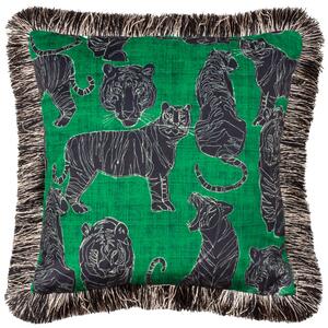 Wildcat Velvet Fringed 45cm x 45cm Filled Cushion Jungle Green