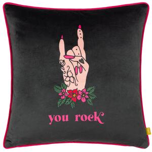 Inked You Rock Piped Velvet 43cm x 43cm Filled Cushion Black Pink