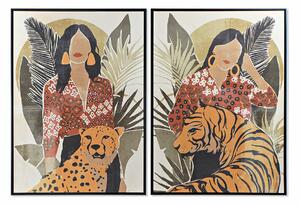 Painting DKD Home Decor Lady Tiger 104 x 4,5 x 144 cm Animal Tropical (2 Units)