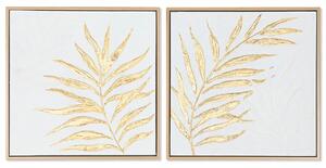 Painting Home ESPRIT White Golden Canvas MDF Wood Modern Leaf of a plant 42 x 4 x 42 cm (2 Units)