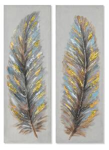 Painting Home ESPRIT Blue Golden Canvas MDF Wood Feathers Traditional 30 x 3 x 90 cm (2 Units)