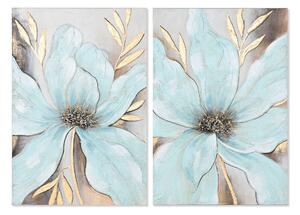 Painting Home ESPRIT Blue Golden Canvas MDF Wood Flower Shabby Chic 60 x 3 x 90 cm (2 Units)