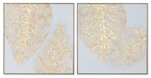 Painting Home ESPRIT White Golden Canvas MDF Wood Modern Leaf of a plant 82 x 4,5 x 82 cm (2 Units)