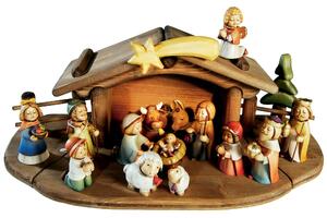 Wooden folding nativity scene with 17 figures and stable