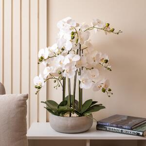 Artificial White Orchid in Grey Ceramic Plant Pot Grey