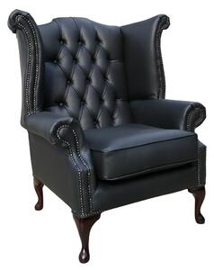 Chesterfield High Back Wing Chair Bonded Black Real Leather In Queen Anne Style