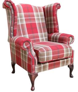Chesterfield Saxon High Back Armchair Balmoral Red Check Fabric In Queen Anne Style