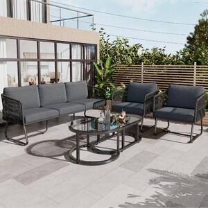Space-Saving Outdoor Garden Lounge Set with Glass Coffee Table, Adjustable Foot Pads, Garden Settee Set for Patio, Porch, Backyard, Grey Aosom.UK