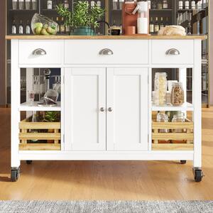 Rolling Kitchen Island Trolley, 3 Drawers, Adjustable Shelf, Drop-Leaf Side Board, Utility Cart, 120x45x90 cm, White Aosom UK