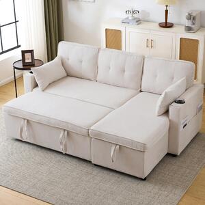 3-in-1 Convertible Sofa Bed with Reversible Chaise, Internal Storage, L-Shaped Sleeper Sofa with Pillows, 211L x 130W x 86H cm, Beige Aosom.UK