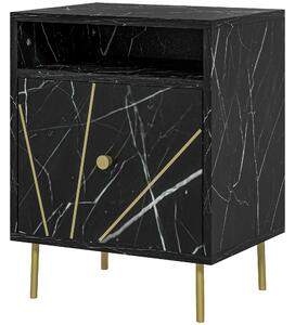 HOMCOM Marble Effect Bedside Table, Modern Side Table with Drawer, Open Shelf and Gold Tone Metal Legs for Bedroom, Living Room, Black Aosom UK