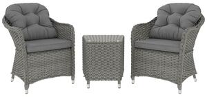 Outsunny 3 Pieces Rattan Bistro Set, Wicker Garden Bistro Set, Glass Top Balcony Table and Chairs with Cushions for Outdoor, Patio, Balcony, Light Grey