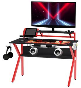HOMCOM Stable Gaming Desk with Metal Frame, Adjustable Feet, Cup Holder, Headphone Hook & Cable Management, Red