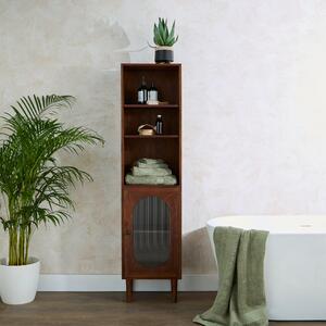 Elias Tall Cabinet, Acaia Wood and Reeded Glass Brown