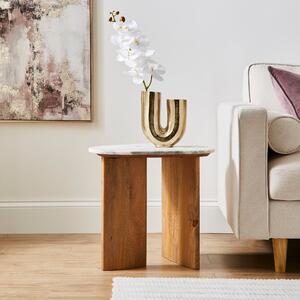 Arya Oval Side Table, Mango Wood and Real Marble Natural