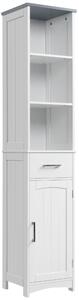 Kleankin Tall Linen Tower Bathroom Cabinet, 3 Tier Shelf with Cupboard & Drawer, Slim Side Freestanding Organizer, White