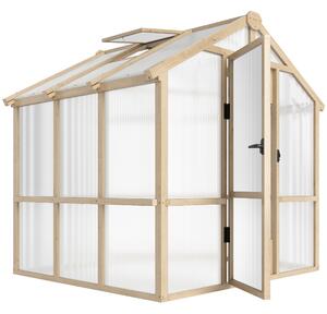 Outsunny 6.6 x 6ft Polycarbonate Greenhouse, Walk-in Wooden Greenhouse with Lockable Door and Window, Garden Plants Grow House, Brown