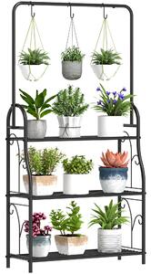 Outsunny 3 Tier Plant Stand with Hanging Rod and Hooks, Metal Plant Rack Shelf, Ladder Flower Pot for Indoor Outdoor Porch Balcony Living Room Bedroom, Black