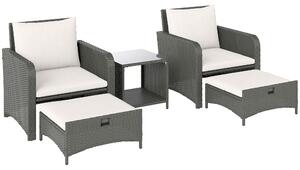Outsunny Five Piece Rattan Garden Furniture Set with 2-Tier Coffee Table and Ottomans - Cream White