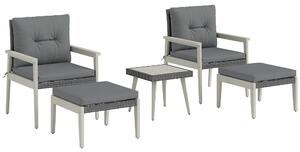 Outsunny 5 Pieces Rattan Garden Furniture Set, Patio Conversation Set with Cushions, Acacia Wood Top Coffee Table and Footstools, Outdoor Table and Chairs for Balcony, Terrace and Conservatory, Grey