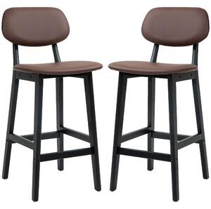 HOMCOM Bar Stools Set of 2, Modern Breakfast Bar Chairs, Faux Leather Upholstered Kitchen Stools with Backs and Wood Legs, Brown