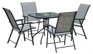Outsunny 5pcs Classic Outdoor Dining Set Steel Frames w/ 4 Folding Chairs Glass Top Table Texteline Seats Parasol Hole Garden Dining Black Grey