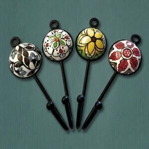 Coat Hooks - Set of 4 Steel and Ceramic Hangers - Canal Boat Style