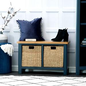 Rutland Blue Painted Oak Hall Bench with Wicker Baskets