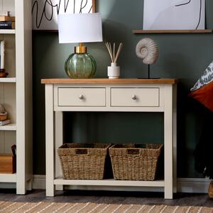 Salisbury Ivory Painted Oak Console Table with Wicker Baskets