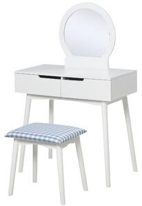 HOMCOM 2 Piece Modern Vanity Table Set, Makeup Table with Padded Stool, 2 Large Drawers, Round Mirror, White