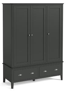 Dumbarton Charcoal Grey Large Triple Wardrobe with Drawer | Contemporary 3 Door Scandi Painted Solid Wooden Bedroom Storage Closet Roseland Furniture