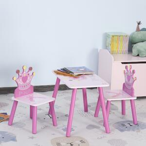 HOMCOM 3-Piece Set Kids Wooden Table Chair with Crown Pattern Easy to Clean Gift for Girls Toddlers Age 3 to 8 Years Old Pink