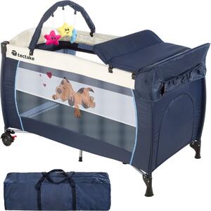 400534 travel cot dog 132x75x104cm with changing mat, play bar & carry bag - blue