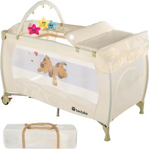Tectake 400467 travel cot dog 132x75x104cm with changing mat, play bar & carry bag - beige
