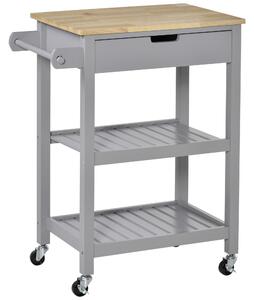 HOMCOM Kitchen Trolley Utility Cart on Wheels with Rubberwood Worktop, Towel Rack, Storage Shelves & Drawer for Dining Room, Grey