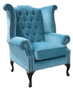 Chesterfield High Back Wing Chair Pimlico Teal Fabric In Queen Anne Style