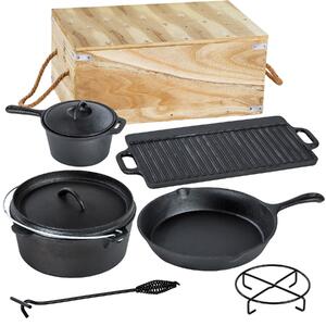 Tectake 401291 dutch oven cookware set made of cast iron in wooden box - black