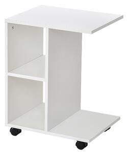 HOMCOM C-Shape End Table Unique Storage Unit w/ 2 Shelves 4 Wheels Freestanding Home Office Furniture Cabinet Square Studio White