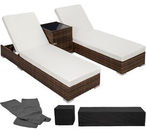 401499 2 sunloungers + table with protective cover rattan aluminium - brown