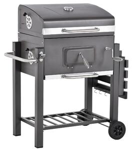Outsunny Charcoal Grill BBQ Trolley Backyard Garden Smoker Barbecue w/ Shelf Side Table Wheels Built-in Thermometer