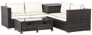 Outsunny 4-Seater Rattan Garden Furniture Patio Sofa Set Storage & Table Set w/ 2 Drawers Coffee Table & Corner Sofa, Brown