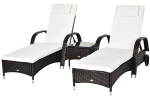 Outsunny 3 Pieces Patio Lounge Chair Set, Garden Wicker Wheeling Recliner Outdoor Daybed, PE Rattan Lounge Chairs w/Cushions & Side Coffee Table Brown