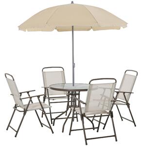 Outsunny Garden Patio Texteline Folding Chairs Plus Table and Parasol Furniture Bistro Set - Beige (6-Piece)