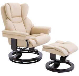 HOMCOM Reclining Swivel Armchair Footstool Set Sofa Padded PU Leather Relaxing Manual Duo Metal Frame Bentwood Base Cream