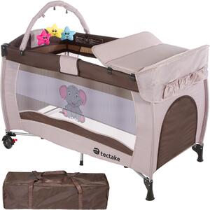 Tectake 402203 travel cot elephant 132x75x104cm with changing mat, play bar & carry bag - brown